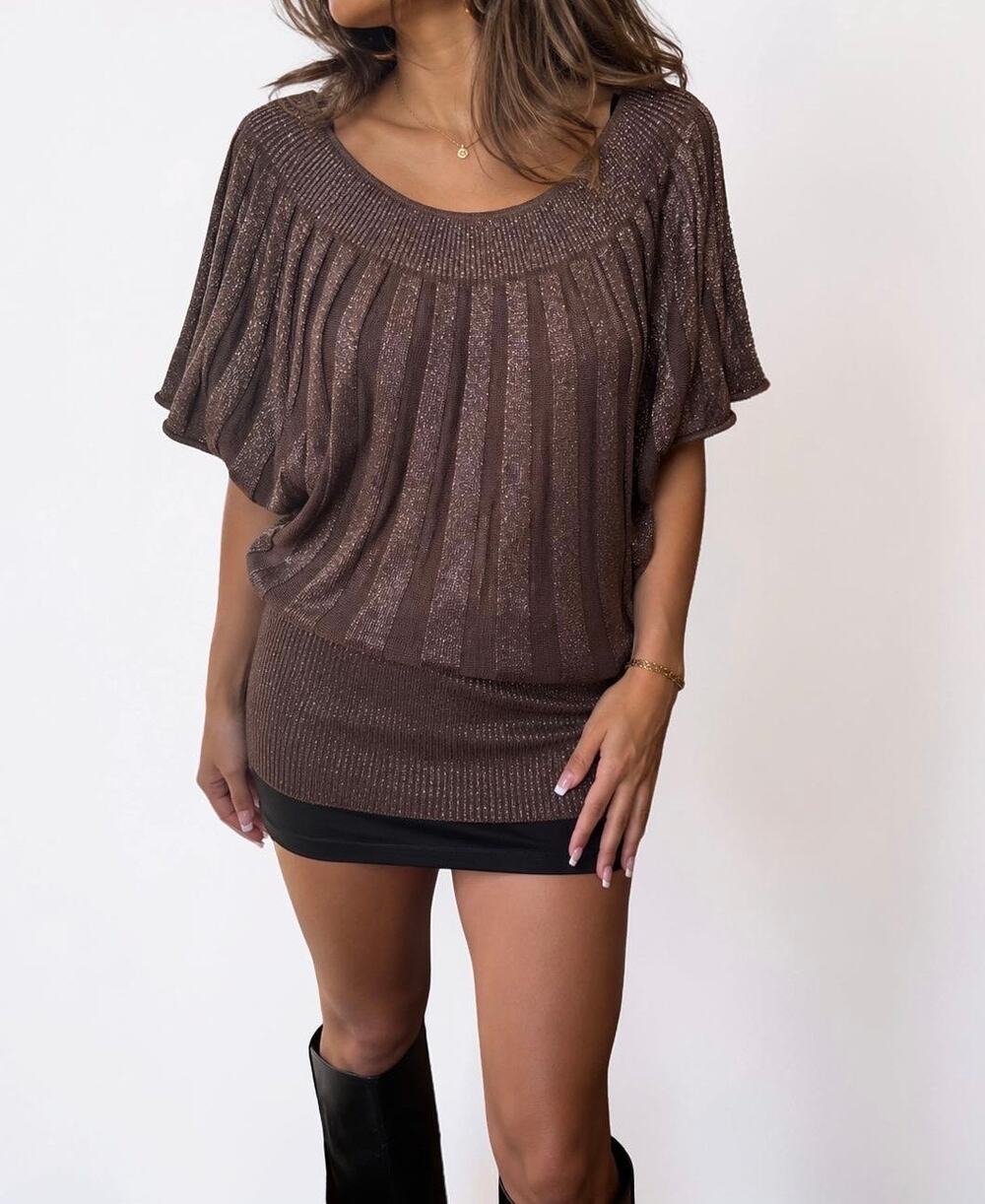 Vintage Arden B Metallic Ribbed Batwing Sweater Tunic Brown Size Medium